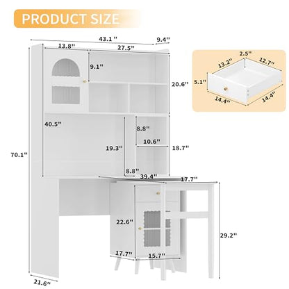 Bellemave Computer Desk with 90 Degree Rotating Desktop, 43x70 Inch Home Office Desk with Drawer and Storage Cabinets, Gaming Desk with Shelves, Writing Desk for Study (White) - color: White