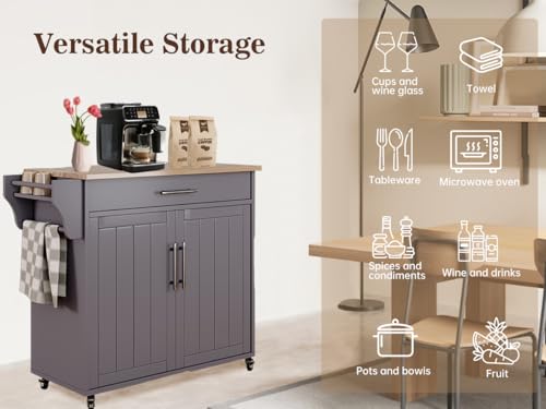 Kitchen Island, Island Table for Kitchen, Wooden Rolling Kitchen Island On Wheels with Countertop, Mobile Kitchen Island Cart with Towel Rack, Spice Rack and Drawers, Grey - color: Grey