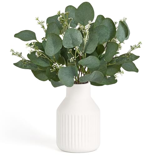 Dahey Fake Eucalyptus Plants in White Vase for Bathroom Coffee Table Decor | Ceramic, Artificial Plants Indoor, Realistic Look, Modern Farmhouse Table Centerpieces for Kitchen Shelf Living Room Decor - color: White, size: Medium