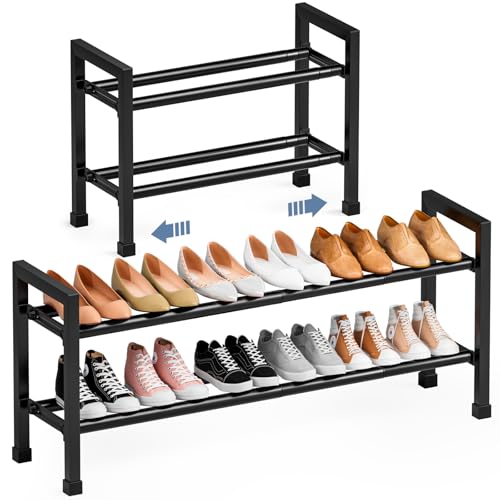 Mavivegue Expandable Shoe Rack, 2-Tier 19"-43.3" Adjustable Shoe Rack for Closet,Hall Entryway,Front Door,Garage, Sturdy Steel Space-Saving Rack, Black - color: Black, size: 2 Tier