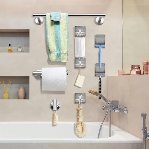 9 PCS Bathroom Hardware Set, Brushed Nickel Stainless Steel Bathroom Tower Rack Set Wall Mounted Includes 16" Towel Bar, Toilet Towel Paper Holder, 6 Robe Towel Hooks, 1 Soap Holder - color: 9pcs-brushed Nickel