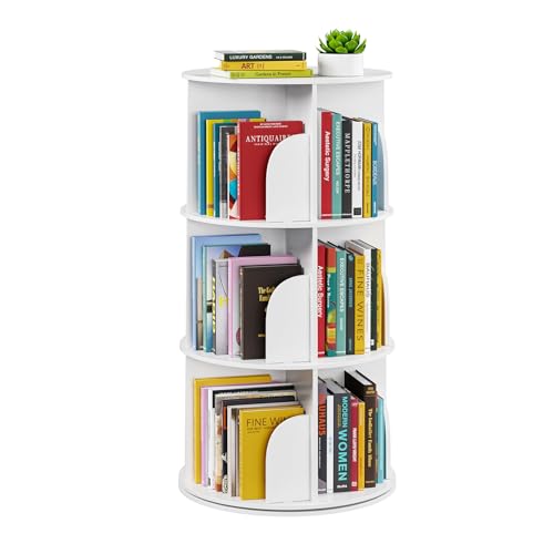 SpaceAid 3 Tier Rotating Bookshelf Tower, Spinning Bookcase Lazy Susan, Revolving 360 Book Shelf Storage Round Carousel, Vertical Rotate Turning Spiral Corner Organizer, White - color: White, size: 3 Tier, 37.8" H