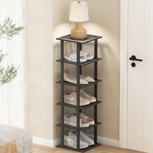 SHIISEWE Bamboo Shoe Rack for Small Spaces 6 Tier Tall Vertical Narrow Rack for Closet Stackable Shoe Holder, Black Stand for Entryway Storage Shoe Organizer - color: Black, size: 6 Tier