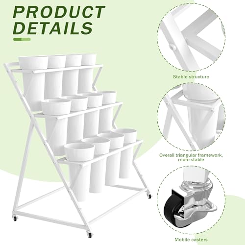 Flower Display Stand with 12 Buckets 3 Tier Flower Cart Display Stand White Metal Flower Bar Stand Moving Flower Stand Floral Bouquet Shelf for Indoor Outdoor Garden Wedding Party