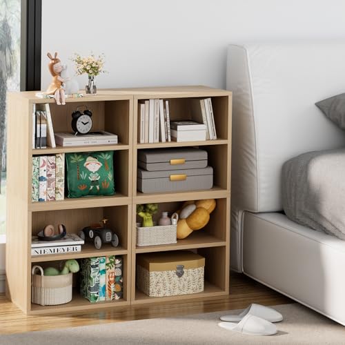Cube Storage Organizer Shelf, 2 Tiers Stackable Bookshelf, Wooden Display Bookcase with 2 Cube Storage, Small Storage Cabinet for Living Room Bedroom, Natural