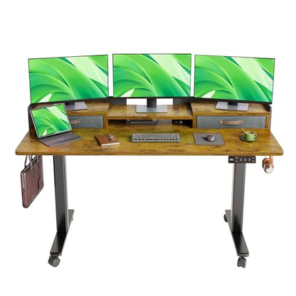 Claiks Standing Desk with Drawers, Adjustable Stand Up Electric Standing Desk Adjustable Height with Storage Shelf and Splice Board, 59 Inch, Rustic Brown - color: Rustic Brown, size: 59×23.6