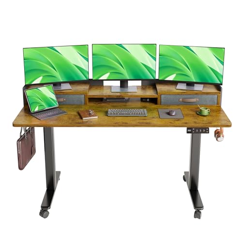 Claiks Standing Desk with Drawers, Adjustable Stand Up Electric Standing Desk Adjustable Height with Storage Shelf and Splice Board, 59 Inch, Rustic Brown - color: Rustic Brown, size: 59×23.6