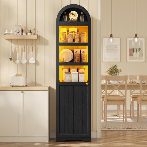 72" Tall Arched Narrow Bathroom Storage Cabinet with Lights, Slim Storage Cabinet with Adjustable Shelves for Small Spaces, Farmhouse Style (Black) - color: Black