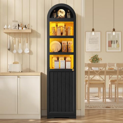 72" Tall Arched Narrow Bathroom Storage Cabinet with Lights, Slim Storage Cabinet with Adjustable Shelves for Small Spaces, Farmhouse Style (Black) - color: Black