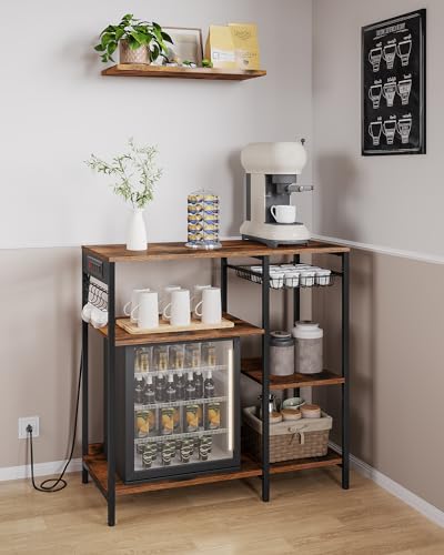 VASAGLE Baker's Rack, Coffee Bar Stand with Charging Station, 35.6 Inches Tall, Storage Shelves, Pull-Out Wire Basket, Table for Microwave, Kitchen, Rustic Brown and Ink Black UKKS036K01 - color: Rustic Brown + Ink Black, style: With Power Outlet