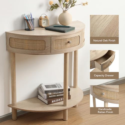 Wnutrees Rattan Half Moon Console Table, Modern Entryway Table with Drawer, Boho Sofa Table with Bottom Storage Shelf, Small Semicircular Tables for Hallway, Living Room, Natural - color: Natural
