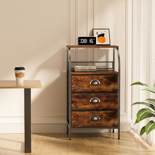 Night Stand Set 2, Tall Nightstand with 3 Fabric Drawers, Bedside Table with 2-Tier Wood Shelf, End Table for Bedroom, Steel Frame, Wood Top, Rustic Brown - color: Brown(3drawer), size: Set of 2