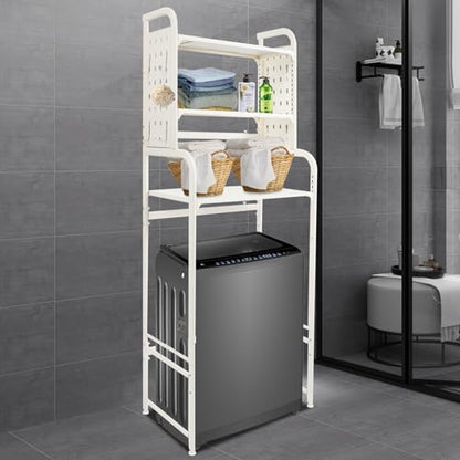 Adjustable Laundry Room Shelf, White Washing Machine Shelf, 3-Tier Washing Machine and Dryer Storage Rack, Laundry Room Space Saving Organizer with Hooks for Balcony