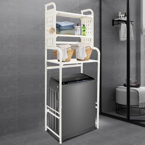 Adjustable Laundry Room Shelf, White Washing Machine Shelf, 3-Tier Washing Machine and Dryer Storage Rack, Laundry Room Space Saving Organizer with Hooks for Balcony