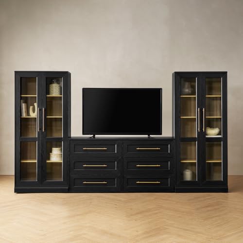 Mopio Blake 4 Piece Entertainment Center with Storage, Modern Farmhouse Wall Unit Dresser TV Stand with Tall Display Cabinets for up to 65" TVs, Trophy Display Case, Media Console Cabinet, Living Room - color: Black Oak, size: 2 Units Dresser + 2 Units Ta