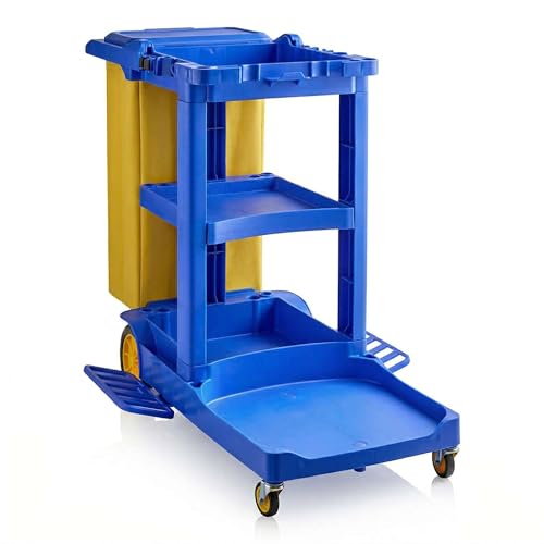 44” x 18” x 38” Blue 3-Shelf Janitorial Cart Kit - Commercial Housekeeping Cart with Yellow Bag, Black Zippered Bag, Lid, Folding Handle for Hotels, Offices, Schools - 175 lb Capacity - size: Small (Blue)
