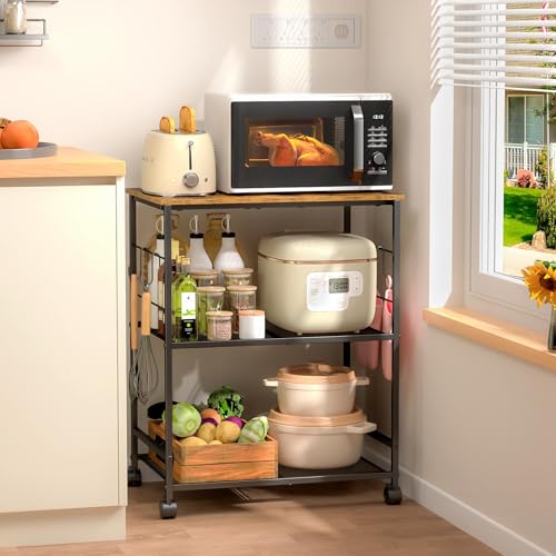 ThreeHio Rolling Kitchen Microwave Cart, 3 Tier Microwave Table Stand with Storage, Kitchen Utility Cart on Lockable Wheels, Small Coffee Cart Shelf Rack Organizer for Living Room Office, Balcony - color: Brown, size: Standard without Power Outlet