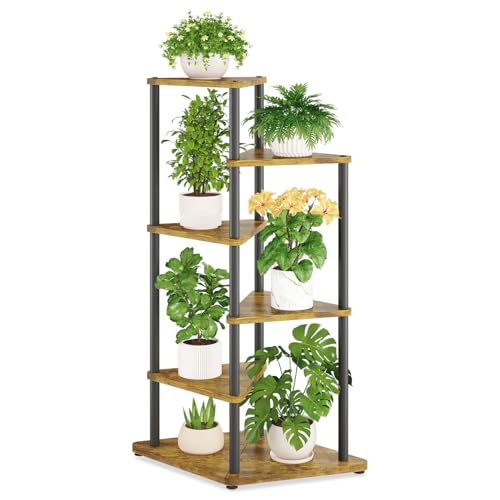 iDavosic.ly 5 Tier Wooden Plant Stand Indoor, 41 Inch Tall, Black & Brown | Sturdy Corner Flower Shelf for 12'' Large Heavy Duty Flower Pot, Ideal for Patio Living Room Balcony Porch, Easy Assembly - size: 5 Tier without Light