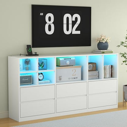 TV Stand with 6 Drawers & 7 Storage Cubbies, LED Lights Entertainment Center with Power Outlet, 63" TV Cabinet with Adjustable Open Storage Shelf, Modern TV Media Console for Living Room (White) - color: White