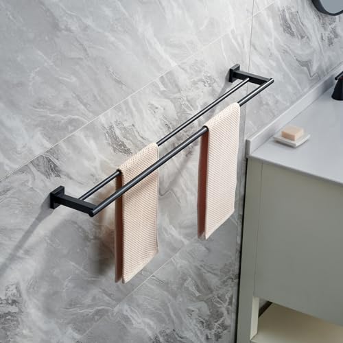 Miyili Matte Black Double Bath Towel Bar 36-Inch Stainless Steel Hand Towel Rack for Bathroom Wall Mount, A02B90B - color: Matte Black, size: 36-Inch