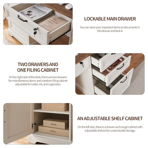 60" Farmhouse Executive Desk with Lock,Home Office Desk with Charging Station,Executive Desk with 4 Drawers & 1 Cabinet&1 File Cabinet for Office and Home - color: White