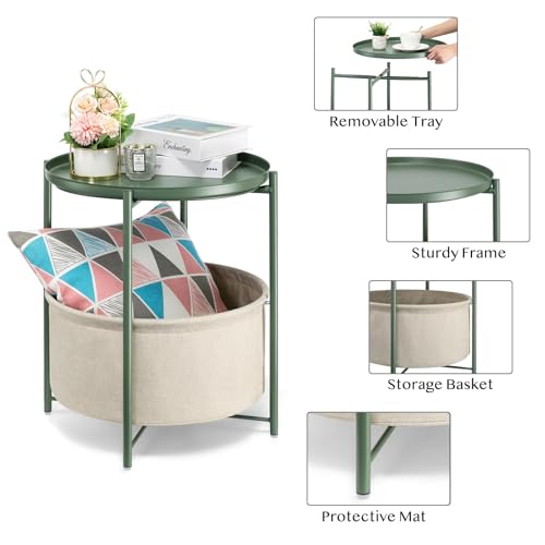 danpinera Small Round Side Table with Storage Basket, Removable Tray Top | Metal End Table for Small Space, Living Room, Bedroom, Nursery, Laundry, Modern Nightstand with Removable Tray, Green - color: Dark Green