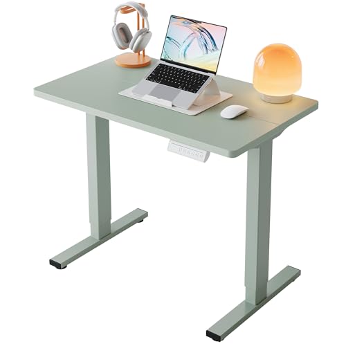 HUANUO 32x19 Inch Small Electric Standing Desk, Adjustable, Sage Green | Compact Home Office Desk, 176lbs heavy duty lifting with 4 height presets. M8 screw holes ready for DIY mobile wheels - color: Sage Green, size: 32" X 19"