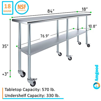 AmGood 84" Long x 18" Deep Stainless Steel Table with Casters - size: 84" Long x 18" Deep