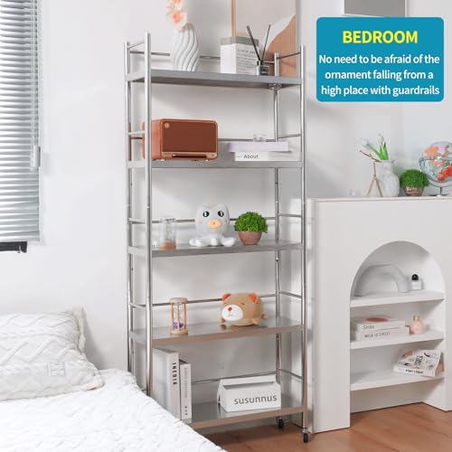 susunnus Stainless Steel Shelf,Shelves for Storage,Metal Kitchen,Garage Shelf,with Wheels,Rolling Shelves,Adjustable Height,Weight Capacity 440LB(27.6in*10.2in-5Twith guardrails) - size: 27.6in*10.2in-5T