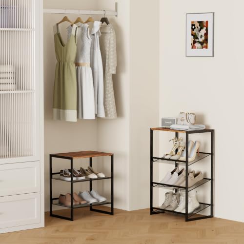 4 Tier Metal Shoe Rack, Sturdy Steel Frame with Rust-Proof Coating, MDF Top, Adjustable Flat Inclined Mesh Shelves, Anti-Tip Scratch-Resistant Feet, Sleek Show Rack for Entryway, Hallway, Garage - size: 4 Tier (16.5″x11.8″x27.8″)