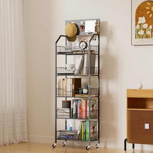 5 Tier Retail Storage Rack, Snack Rack Display Stand, Retail Display Organizer Shelves with Hooks & Wheels, Metal Snack Shelf for Store Home Kitchen, Black Chip Rack Display Stand (5 Tier) - size: 5 Tier（19.7inch）