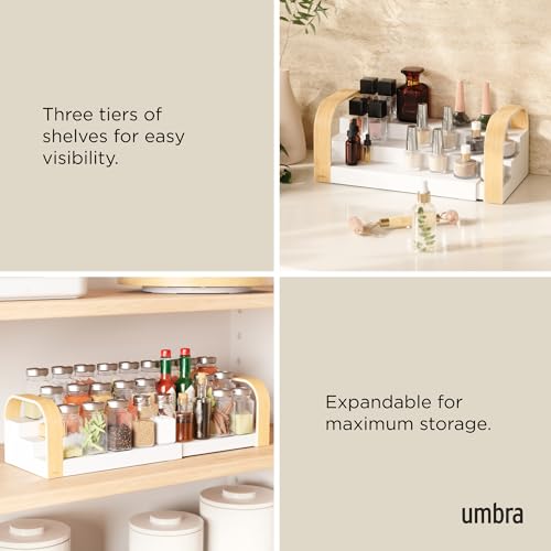 Umbra Bellwood Spice Shelf, Expandable Three-Tier, White/Natural | Pantry organizer, no assembly, large capacity storage, fits cabinets and drawers - color: Natural/White