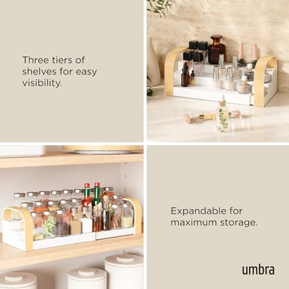 Umbra Bellwood Spice Shelf, Expandable Three-Tier, White/Natural | Pantry organizer, no assembly, large capacity storage, fits cabinets and drawers - color: Natural/White