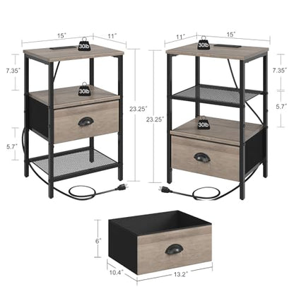 sthmec Nightstands Set of 2, LED Night Stands with Charging Station and Fabric Drawer, Bedside Tables with Drawers, 2- Tier LED Side Table End Table Charging Station Bedroom, Grey - color: Grey, style: Power & LED