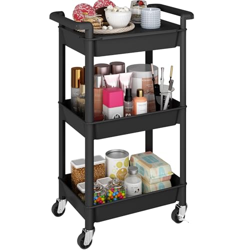 Steehoom 3-Tier Utility Rolling Cart with Cover Top Board, Mobile Utility Cart with Lockable Casters Multi-Functional Storage Trolley for Office, Bathroom, Kitchen, Garden, Laundry Room (Black) - color: Black, size: 3-Tier