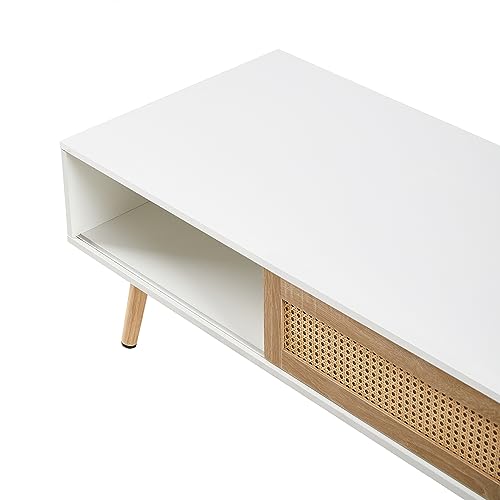 Meihua Rattan Coffee Table with Sliding Door Storage, Mid Century Modern Center Table with Open Shelf and Hidden Compartment, Natural Wood Coffee Table with Solid Wood Legs for Living Room, Apartment - color: White