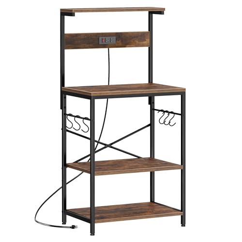 SUPERJARE Kitchen Bakers Rack with Power Outlet, Coffee Bar Table 4 Tiers, Kitchen Microwave Stand with 6 S-shaped Hooks, Storage Shelf Rack for Spices, Pots and Pans - Rustic Brown - color: Rustic Brown, size: 23.6 inch