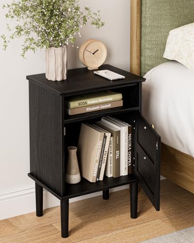 Nightstand, Boho Night Stand with 1 Drawers, Modern Side Accent Table with Open Shelf, Wooden Top Bedside End Table for Bedroom, Living Room, Black - color: Black