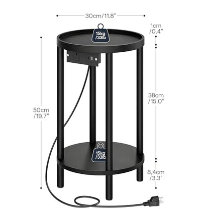 HOOBRO Set of 2 Small Round Side Tables with Charging Station, 2-Tier Round Bamboo End Tables, Easy Assembly, for Living Room, Bedroom, Apartment, Black BB156UBZP201 - color: Black
