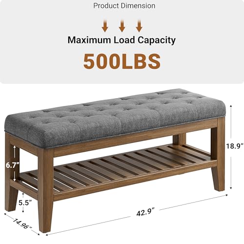 YaFiti End of Bed Storage Bench, 42.9" Entryway Shoe Bench with Solid Wood Shelf, Upholstered Ottoman with Padded Seat for Bedroom, Hallway and Lining Room, Dark Gray - color: Dark Gray