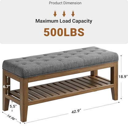 YaFiti End of Bed Storage Bench, 42.9" Entryway Shoe Bench with Solid Wood Shelf, Upholstered Ottoman with Padded Seat for Bedroom, Hallway and Lining Room, Dark Gray - color: Dark Gray
