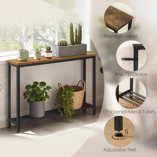 YATINEY Narrow Console Table, 2-Tier Small Sofa Table, 39.4" Thin Entryway Behind Couch Table with Shelves, Industrial Hallway Table, for Living Room, Foyer, Rustic Brown and Black CT25BR - color: Rustic Brown + Black, size: 39.4"D x 29.5"W x 7.9"H