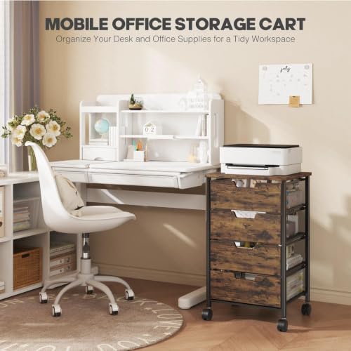 Rolling Cart with Drawers, Wooden Top and Front, with Wheels Metal Under Desk Storage Cart with 4 Drawers, for Office, Bedroom, Classroom, Home, Rustic Brown - color: Rustic Brown