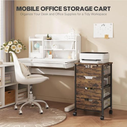 Rolling Cart with Drawers, Wooden Top and Front, with Wheels Metal Under Desk Storage Cart with 4 Drawers, for Office, Bedroom, Classroom, Home, Rustic Brown - color: Rustic Brown