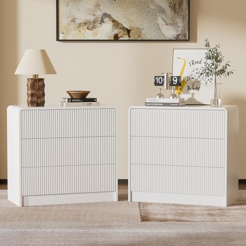 Furniway White Nightstands Set of 2, 32" Modern 3 Drawer Bedside Table with Storage, Large Night Stand for Bedroom - color: White, size: 15.7"D x 32"W x 29.7"H (2 Pieces)