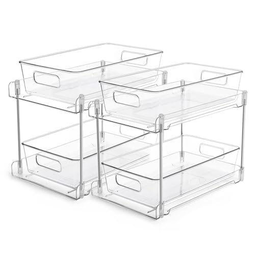 Vtopmart 2 Tier Bathroom Storage Organizer, 2 Pack Clear Under Sink Organizers Vanity Counter Container, Cabinet Drawers Bins, Pull-Out Organization with Track for Pantry, Kitchen - color: Transparent, size: S-Standard (2 Pack)