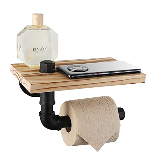 Livabber Industrial Pipe Toilet Paper Holder - Vintage Style DIY Wall Mount Roll Tissue Towel Holder for Bathroom Living Room and Kitchen (7" with Shelf, Black) - size: 7"