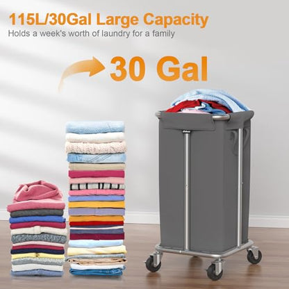 Hodonas 115L Laundry Basket with Wheels, 30 Gal. Rolling Laundry Hamper, Removable and Machine Washable Liner, Steel Frame, Tall Laundry Cart for Laundry Room, Bedroom, Bathroom, Dorm Storage -Gray - color: Gray