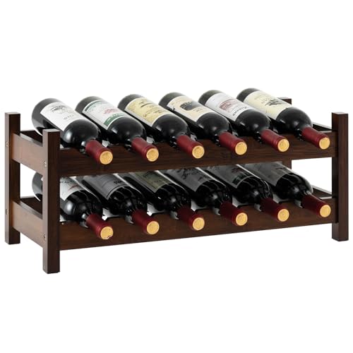 Giantex Bamboo Wine Rack, 2 Tier 12 Bottle Wine Storage Cabinet Shelf, Small Wine Rack Bottle Organizer Freestanding Counter, Countertop Wine Racks for Kitchen, Bar, Pantry & Wine Cellar, Coffee - color: Coffee, size: 24" x 9.5" x 10"(L x W x H)