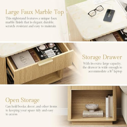 Fluted Nightstand with Drawer, Bedside Table with Faux Marble-Top, Modern Nightstand with Charging Station, Drawers and Open Shelf, Curved Corners, Modern Night Stand for Bedroom, Natural Oak - size: 1 PACK